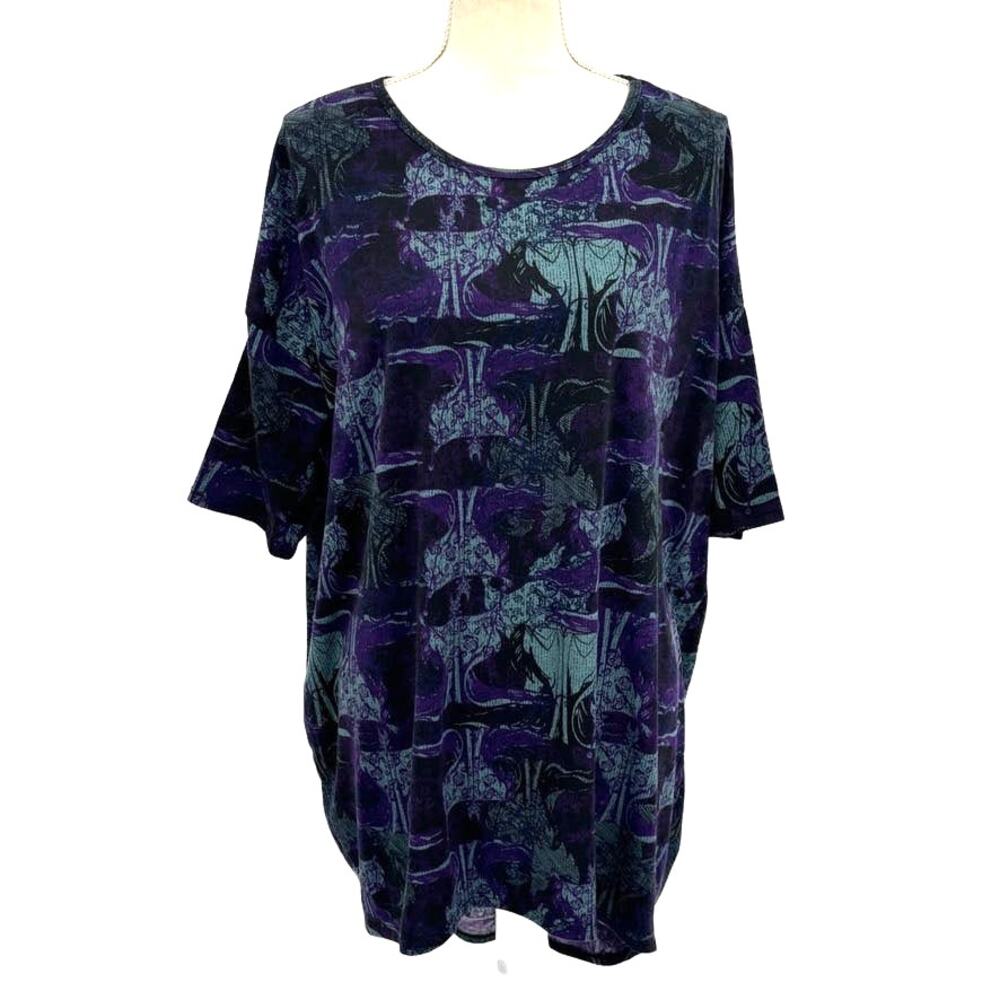 LuLaRoe Disney High-Low Top Purple Gray Graphic Print Short Sleeve Size L